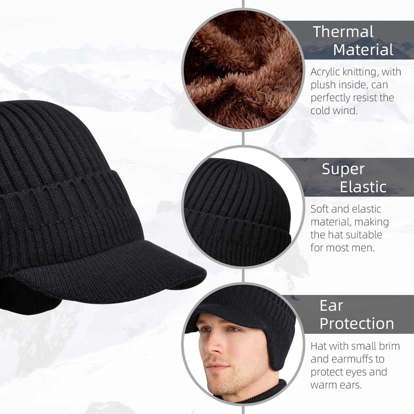 AkiiGer Men's Winter Hat with Brim 2 Pack, Warm Earflaps Hat for Men, Thick Fleece Lined Knit Beanie Outdoor