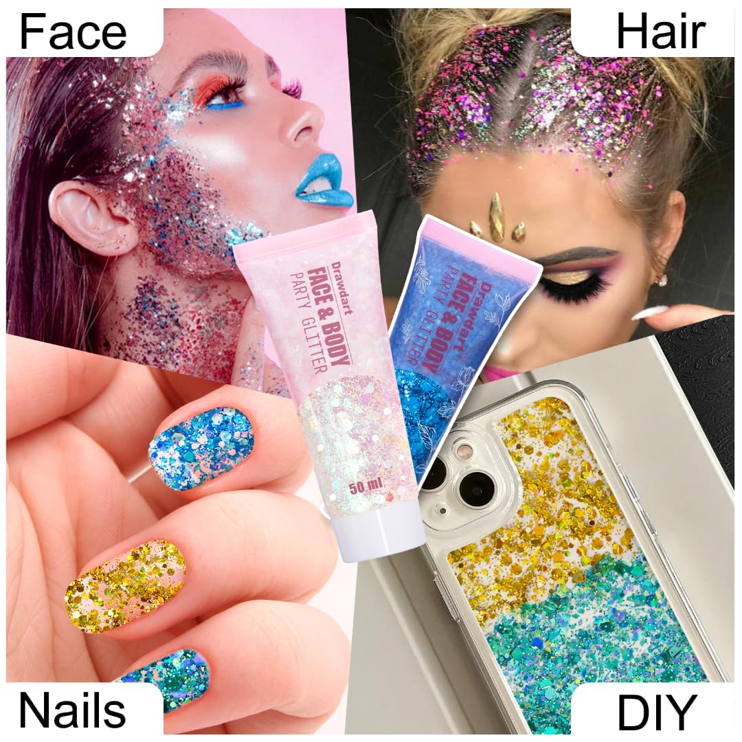 Drawdart Light Blue Face & Body Glitter,Chunky Glitter for Face Body Eye Lip Hair,Singer Concerts Iridescent Face Paint Glitter Makeup 50ml,Easy Application & Removal