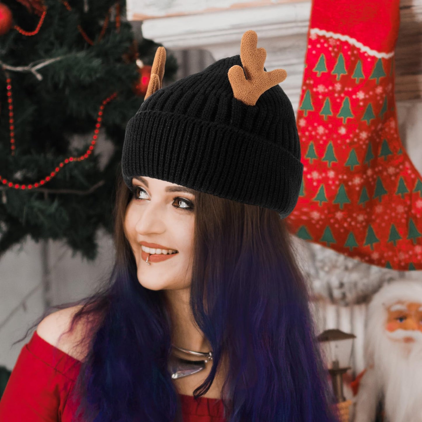 MAGICLULU 1 Pack Reindeer Beanie Antler Warm Cap Christmas Knitted Beanie Hat for Adults Women Adults(Black)
