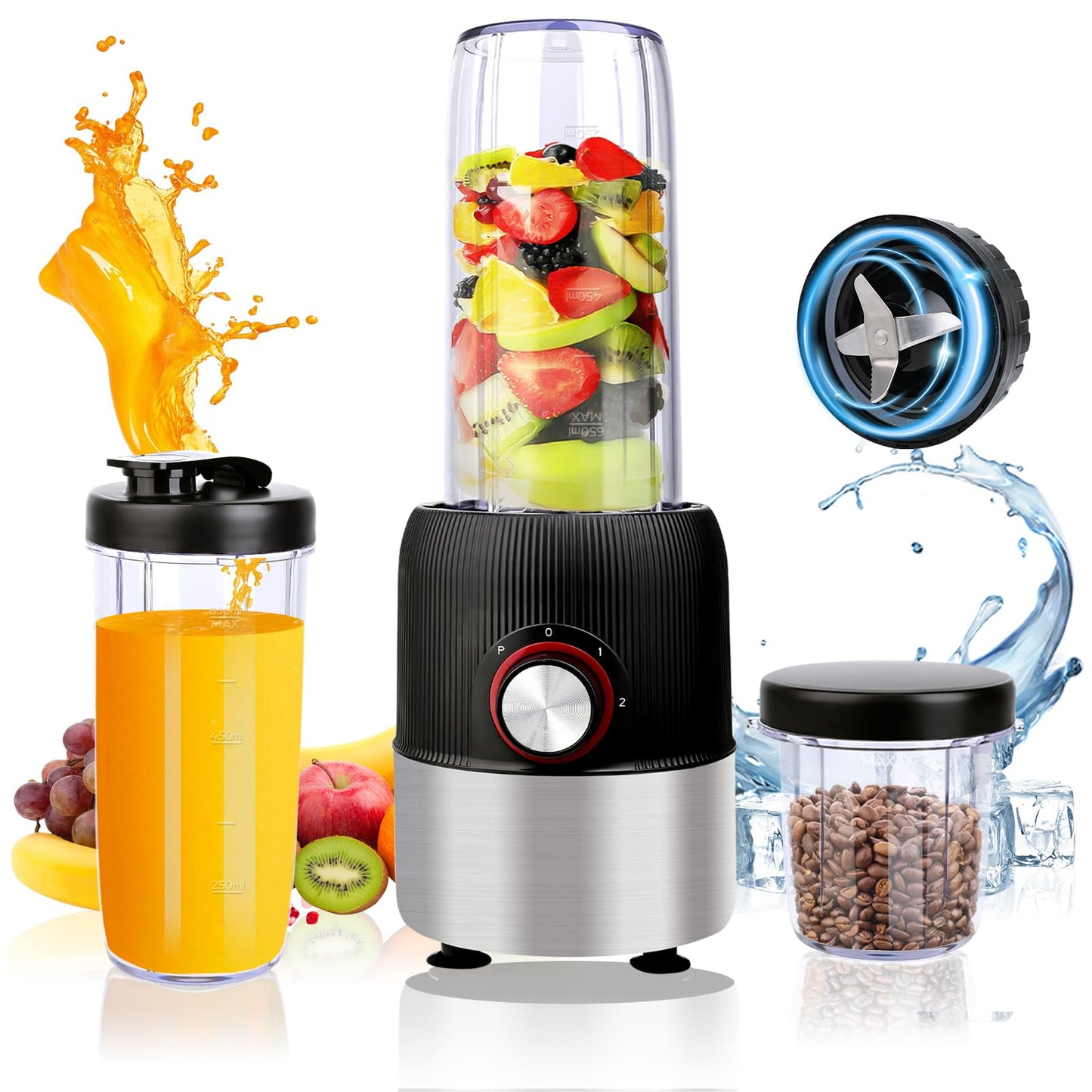 YAHHU Smoothie Blender,1000W Max Blenders for Shakes and Smoothies in Kitchen, With Two Portable Bottle and Spout Lids(1 * 27oz&1 * 6.7oz),Coffee Grinder, 3 Modes Nutritional Recipe Blender,Black