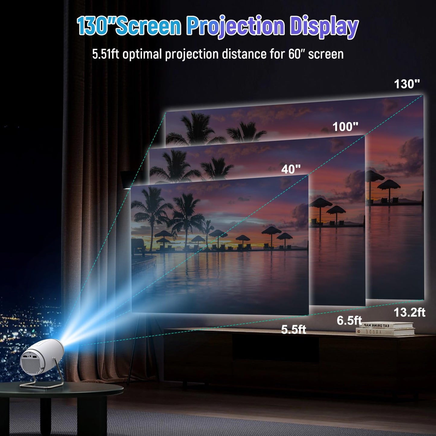 Mini Projector, Projector with WiFi and Bluetooth, 4K 1080P Support Portable Projector 180° Rotatable 130'' Screen Movie Projector Auto Keystone Compatible with HDMI/USB/Smartphone/PC/Laptop