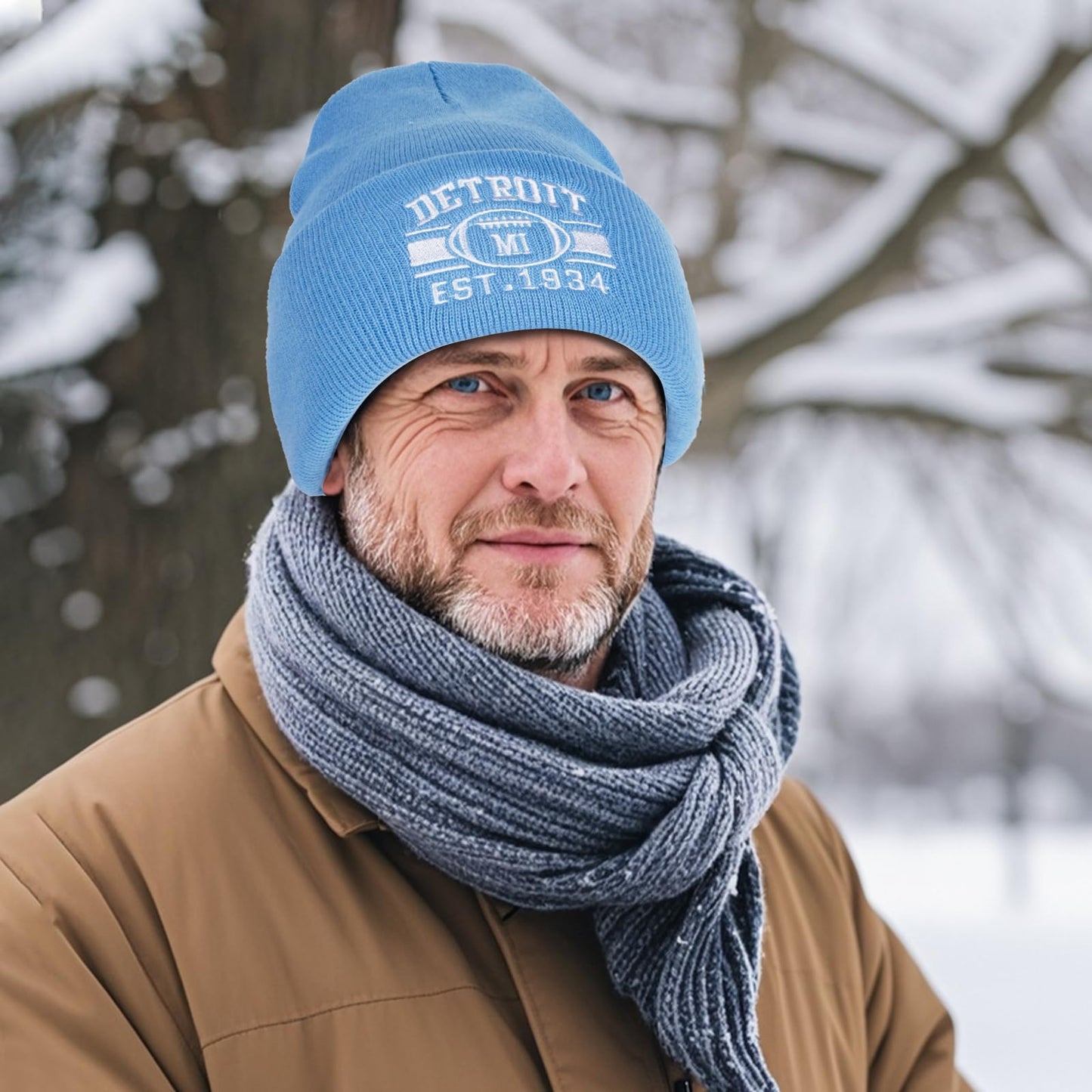 Classic City Football Fans Beanie Hat Embroidery Skull Cap Vintage Cuffed Knit Winter Hat with Warm Gloves Gifts for Men Women(Detroit,Sky blue)