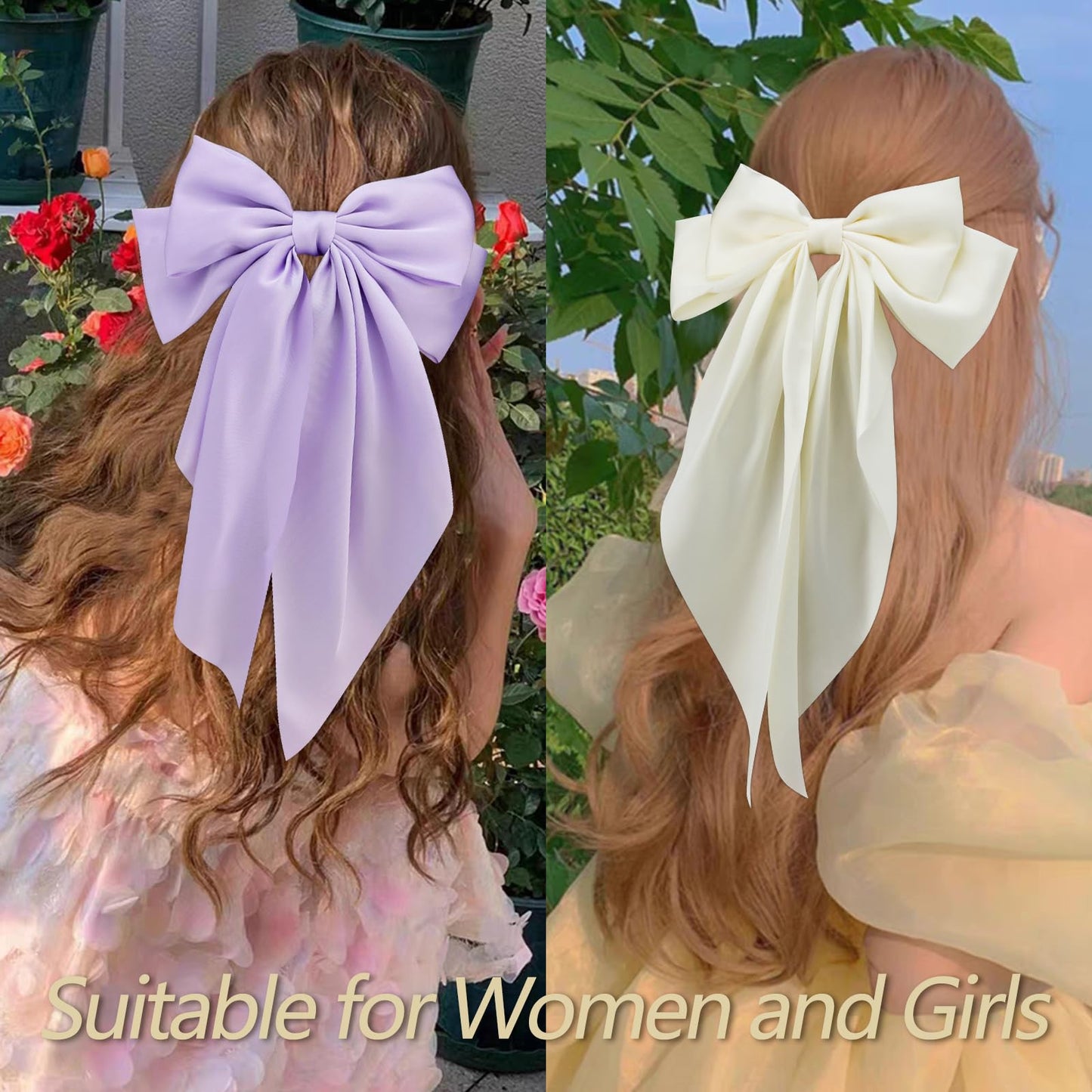 Velscrun Hair Bows for Women Girls 3Pcs White Pink Purple Silky Satin Large Bows Hair Clip Oversized Hair Ribbons Long Tail Big Bows Hair Accessories
