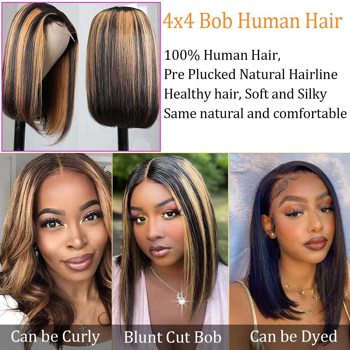 Colorful Bird Highlight Ombre Lace Front Bob Wig Human Hair Straight Balayage FB30 Honey Blonde Human Hair Bob Wigs for Women 4x4 Lace Closure Wigs 150% Density Pre Plucked 12inch