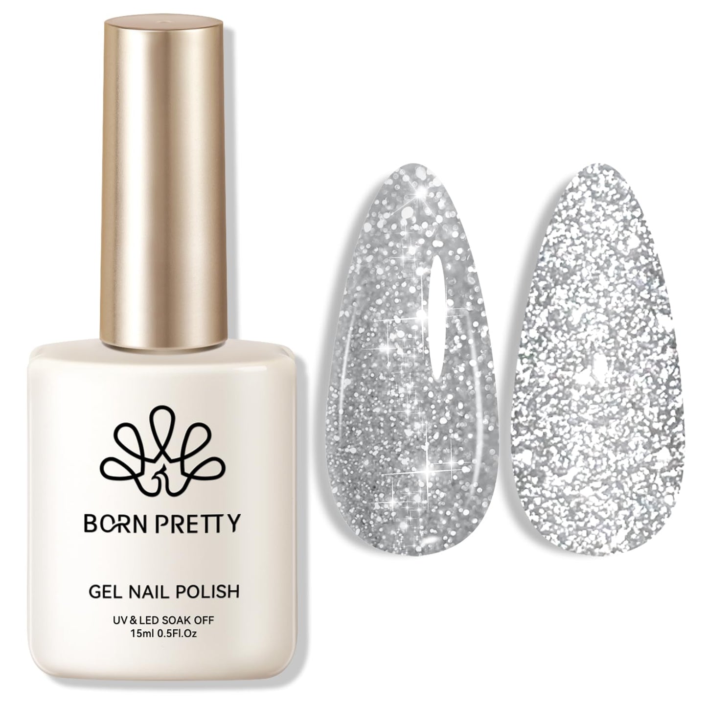 Born Pretty Silver Gold Reflective Glitter Gel Nail Polish Set for Christmas Nails Holographic Sparkle Glitter Gel Flash Soak Off Manicure Kit Gift