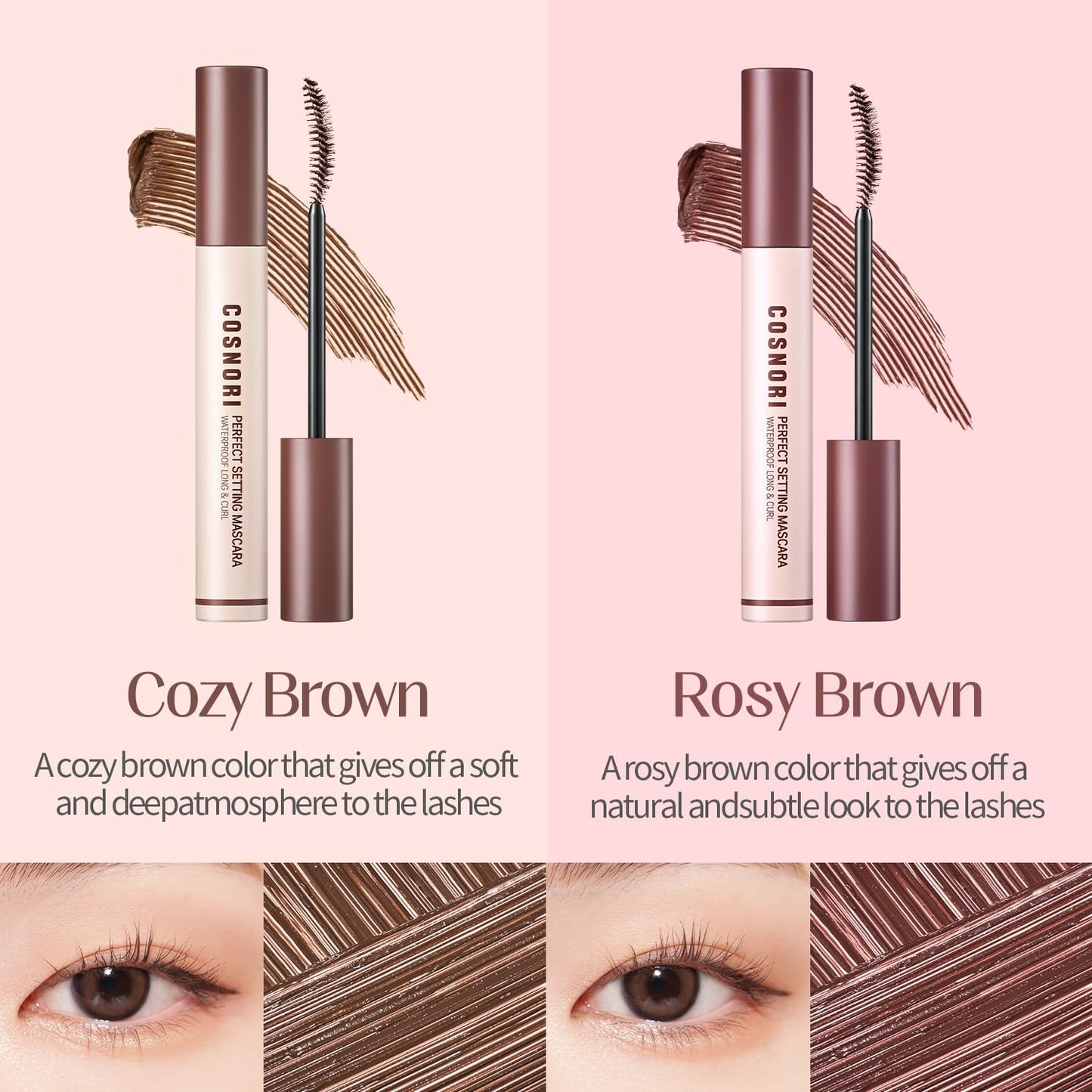 COSNORI Perfect Setting Waterproof Mascara Long&Curl 02 Cozy Brown – Long-Lasting Smudge - Brown Mascara - Korea Waterproof, Long lash, Strong fixing, Silk Amino Acids - 0.23fl oz (7ml)