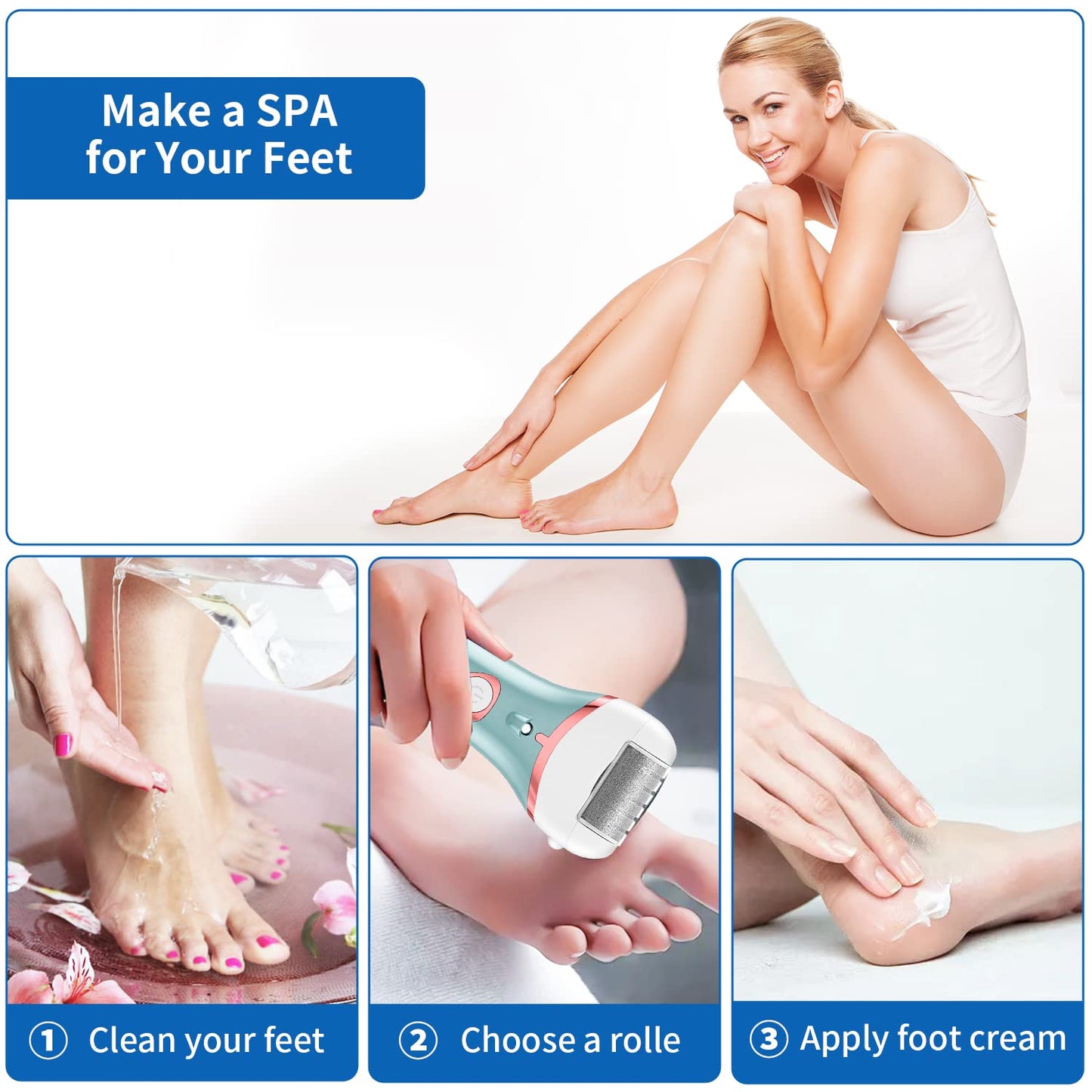 Electric Foot Callus Remover, Rechargeable Portable Electronic Foot File Pedicure Kits, Waterproof Foot Scrubber File, Professional Pedicure Tools, Foot Care for Dead Skin Ideal Gift, 3 Rollers
