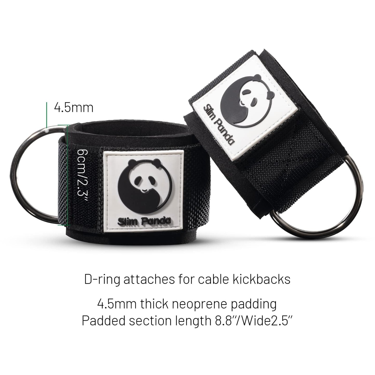 Slim Panda Ankle Strap for Cable Machine,Ankle Cuff for Kickbacks, Booty Hip Abductors,Glute Workouts, Leg Extensions, Curls for Men and Women, Adjustable with Double D-Rings (Pair, Simple Black)