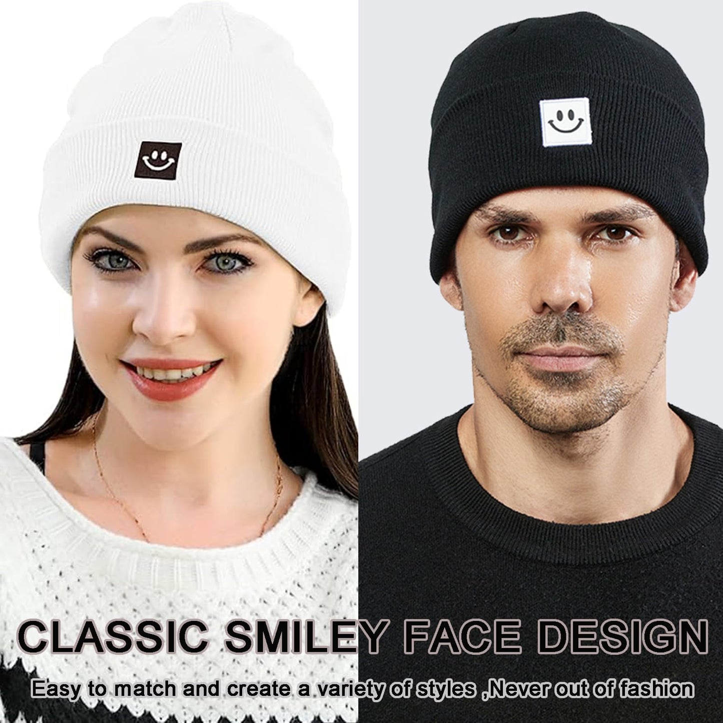 Asufegucd 2Pack Winter Beanie Hats for Couples, Women Men Winter Hats with Smiley Face,Warm Cute Beanies Cap for Cold Weather (US, Alpha, One Size, Black White)