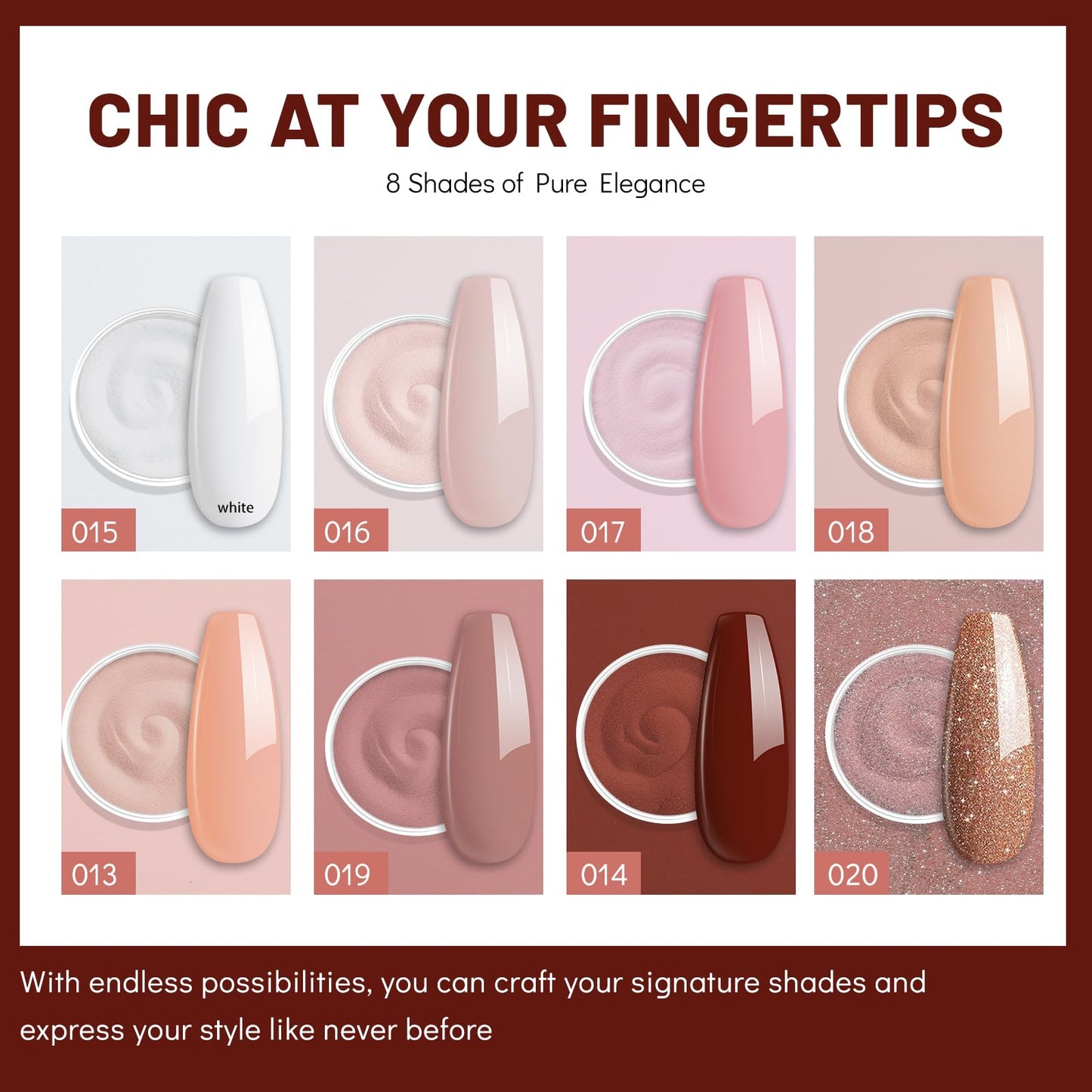 Aokitec Dip Powder Nail Kit Starter with Dip Build Powder, White Nude Pink Brown Giltter 8+1 Colors Dipping Powder Liquid Set with Base/top Gel Activator for Nail Manicure Salon Gift