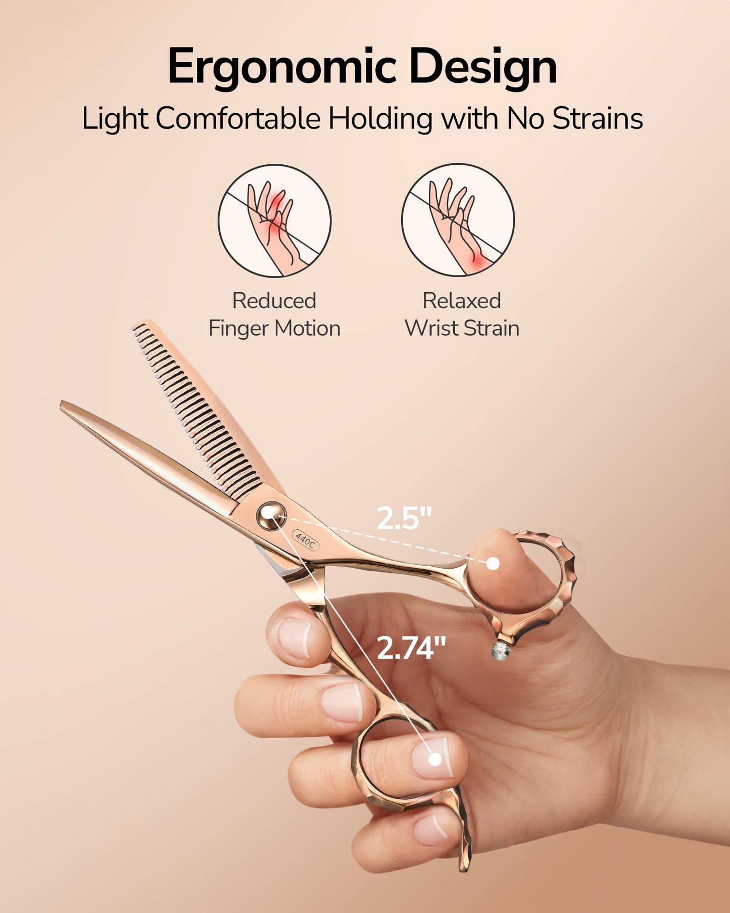 ULG Professional Seamless Hair Thinning Scissors Luxury 18K Rose Gold Coated 6.5" Barber Scissors 440C Japanese Stainless Steel Hand-Honed Convex Blades Offset Handles Tension Adjustable, Right-Handed