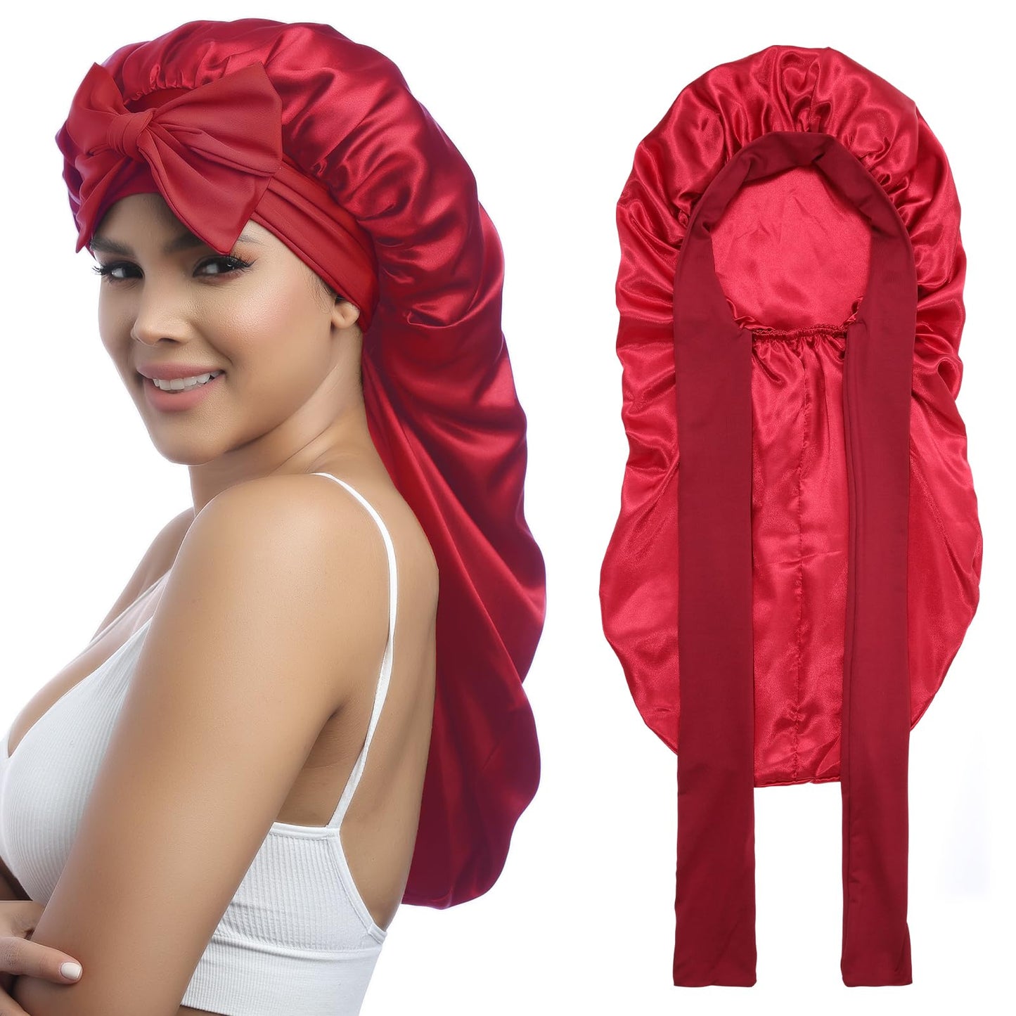 AWAYTR Long Satin Bonnet for Women - Double Layer Elastic Silk Bonnet for Braids Hair Sleeping Cap with Tie Band (Wine Red)