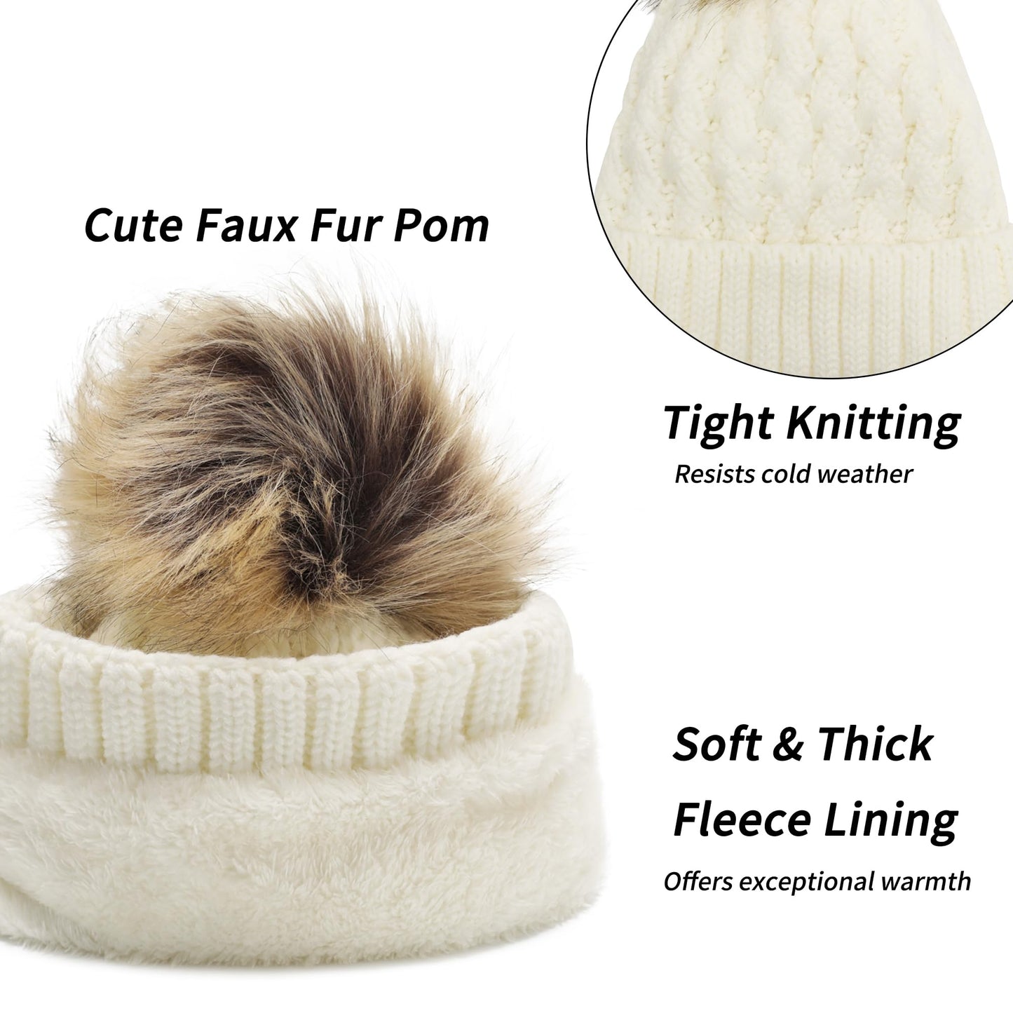 ZLYC Womens Knitted Beanie with Faux Fur Pom Pom Thick Fleece Lined Warm Winter Hat Snow Cap, Solid White