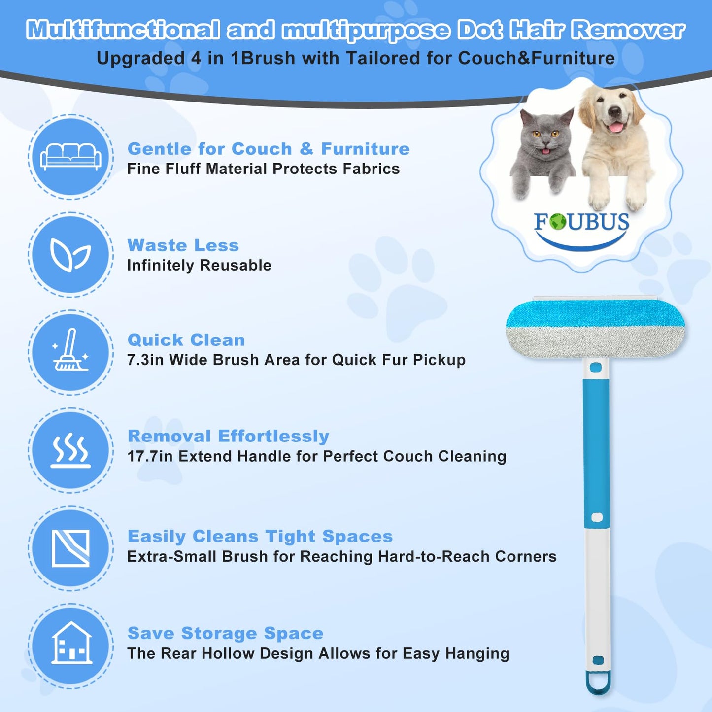Multifunctional Pet Hair Remover Tool, 4 in 1-Reusable Washable Long Handle Dog&Cat Fur Hair Remover for Furniture,Carpet,Couch,Clothes,Bedding,Car,Window,Better Than Lint Rollers, with 2 Scrapers