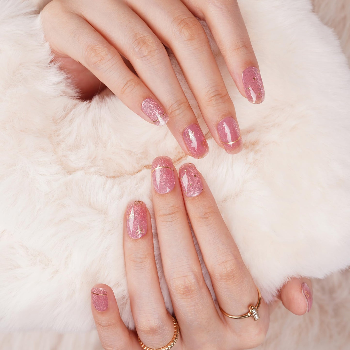 DANNI & TONI Semi Cured Gel Nail Strips Champagne Red (Royal Charm) Magnetic Cat Eye Rose Pink Gel Nail Stickers Bowknot Gel Nail Wraps 28 Stickers