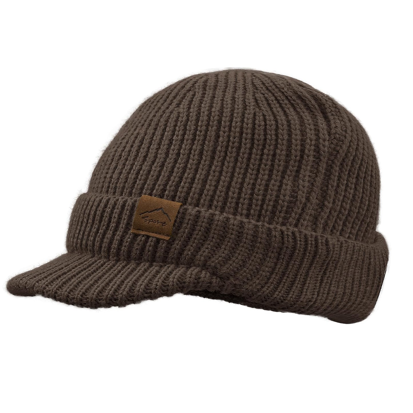 Croogo Winter Men Hat Knit Cable Visor Beanie with Fleece Lining Newsboy Cap with Brim for Outdoor Sport Beanies,Brown-DNBC1