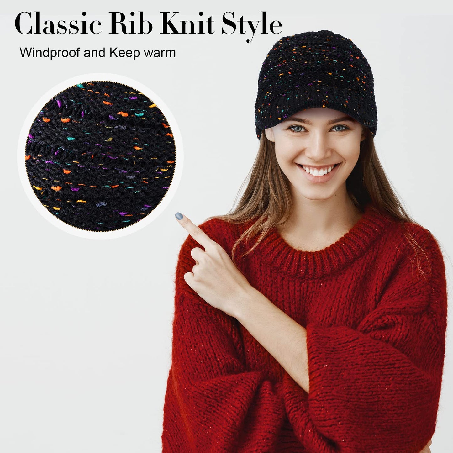 Neer 2 Pcs Women Winter Beanie with Visor Knit Hat with Brim Warm Soft Chunky Newsboy Hats Grey Black Snow Cap