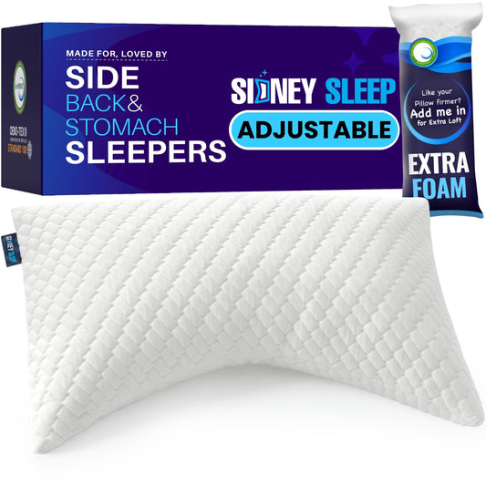 Sidney Sleep Pillow for Side and Back Sleepers - Comfort for Neck and Shoulder Pain - Adjustable Contour Fill - Queen Size - Extra Fill Included (White)
