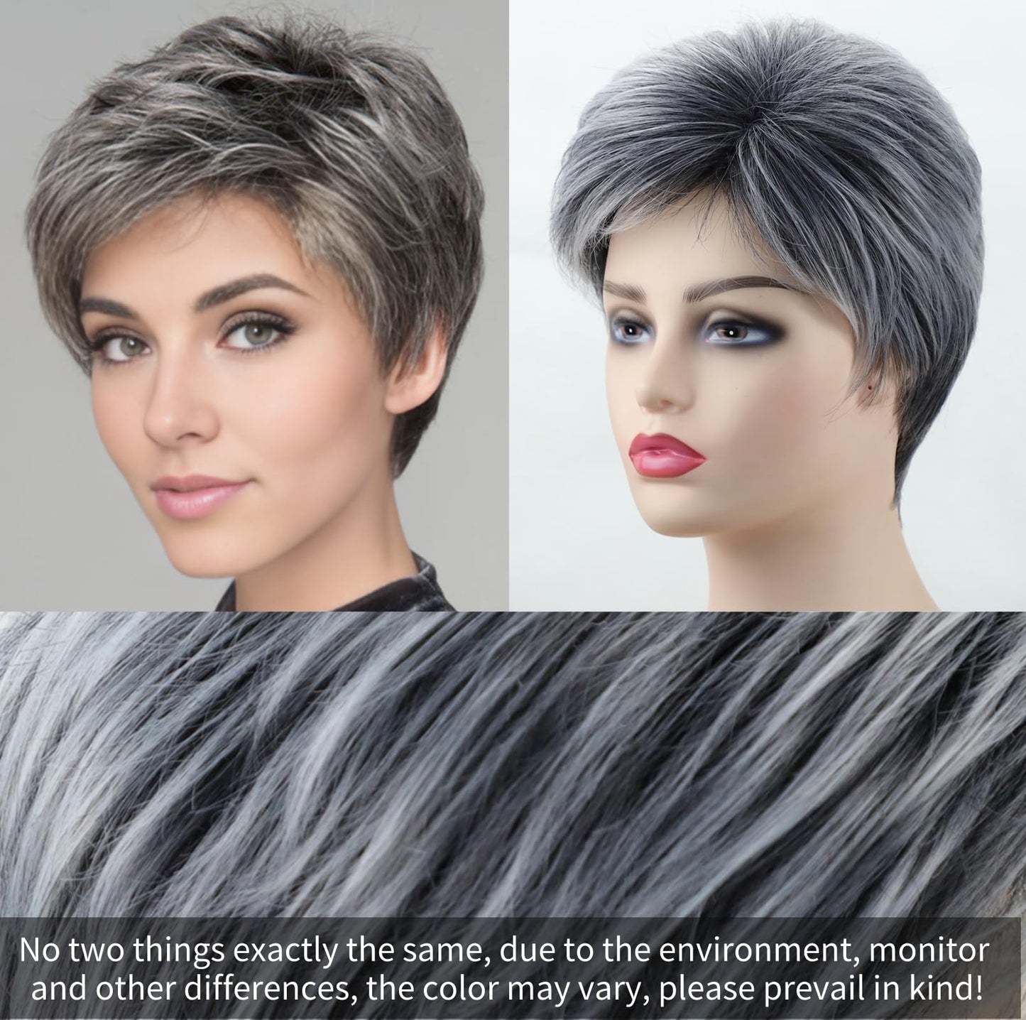 RENERSHOW Grey Pixie Short Wigs for Wome Layered Mix Gray Synthetic Wig Salt Pepper Wig Natural Hair Replacement Wig