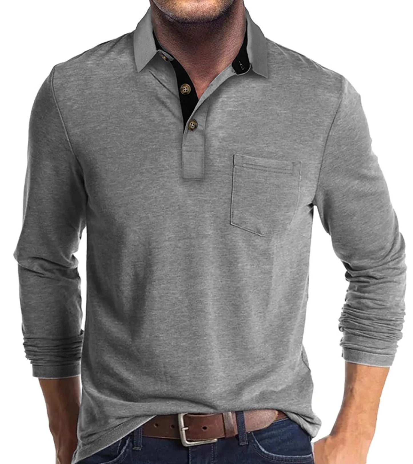 koufland Men Collar Polo Shirts Long Sleeve Button Down Shirt Lightweight Versatile Work Gym Golf Stylish Top Shirt with Pocket for Men(1-Light Gray,Medium)