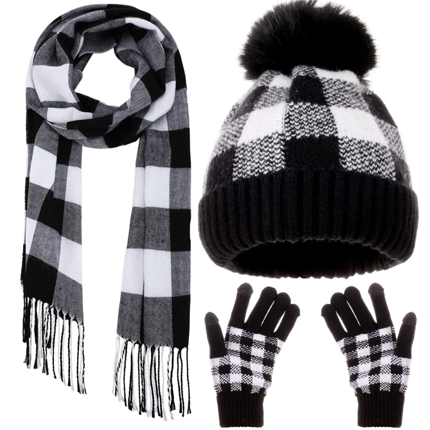 CRUOXIBB Winter Soft Stretch Buffalo Plaid Cuff Beanie Hat Thick Chunky Warm Knit Skull Ski Cap (Black/White+Glove+Scarf)