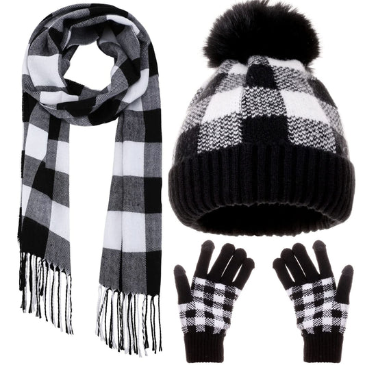 CRUOXIBB Winter Soft Stretch Buffalo Plaid Cuff Beanie Hat Thick Chunky Warm Knit Skull Ski Cap (Black/White+Glove+Scarf)