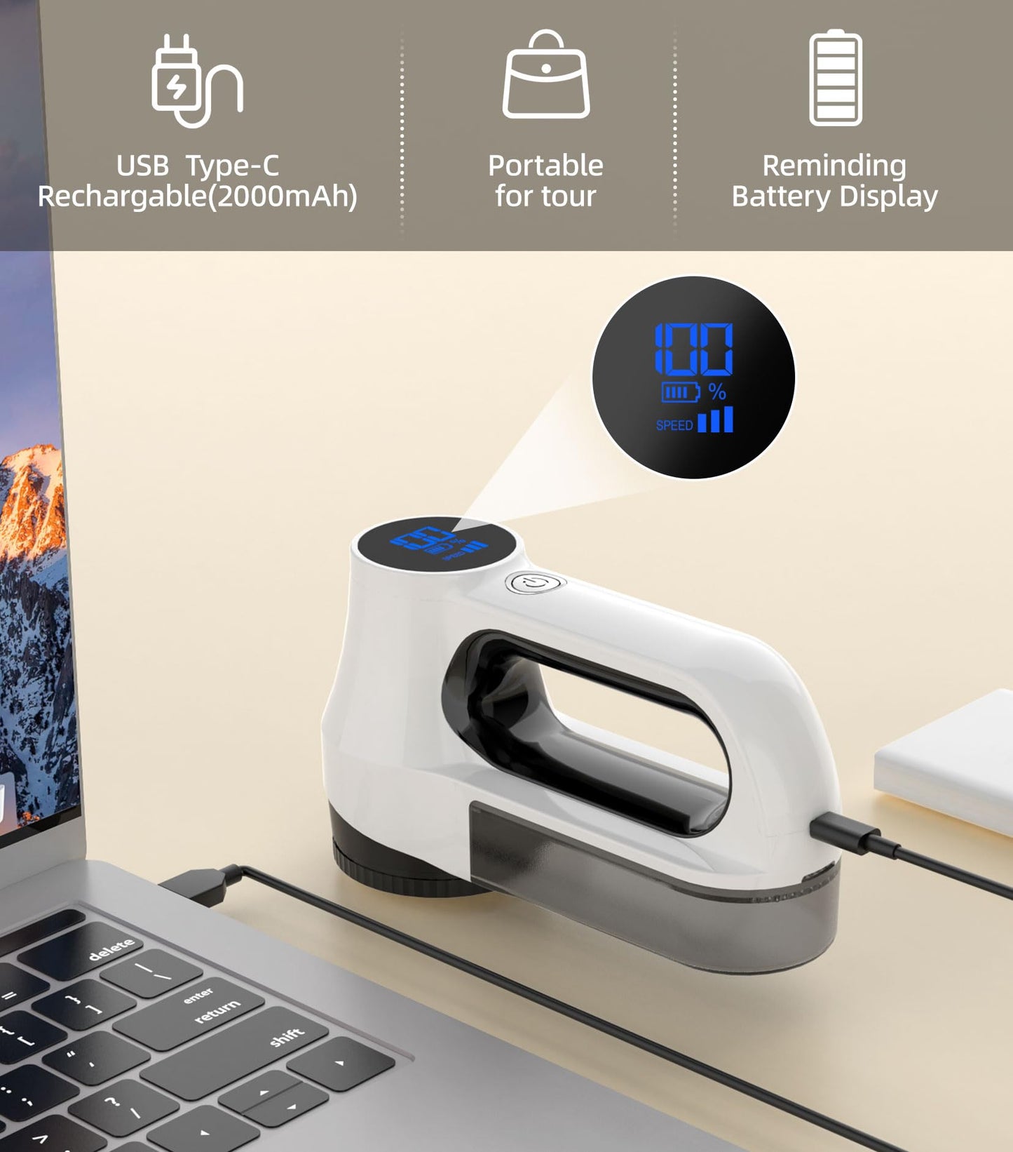 CuieTuee Fabric Shaver Rechargeable Electric Lint Remover Lint Shaver Sweater Shaver Pilling Remover with Led Digital Display 3-Gears Adjustable 6-Blades for Clothes Couch Curtain Cashmere-White
