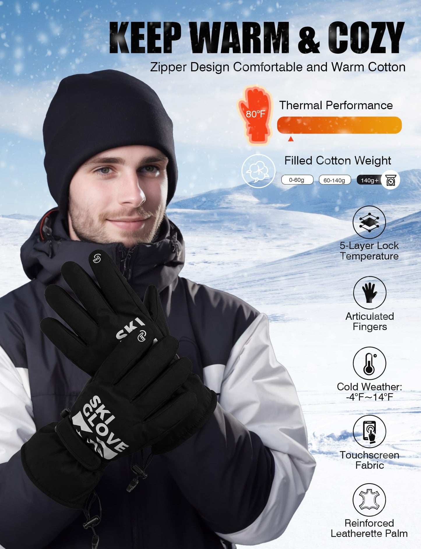 ZENUTA Winter Gloves Men, Snow Ski Gloves Waterproof Windproof Warm Thermal Gloves for Women, 5-Finger Touchscreen Gloves for Driving Workout Running Hiking Cycling Snowboarding (Large)