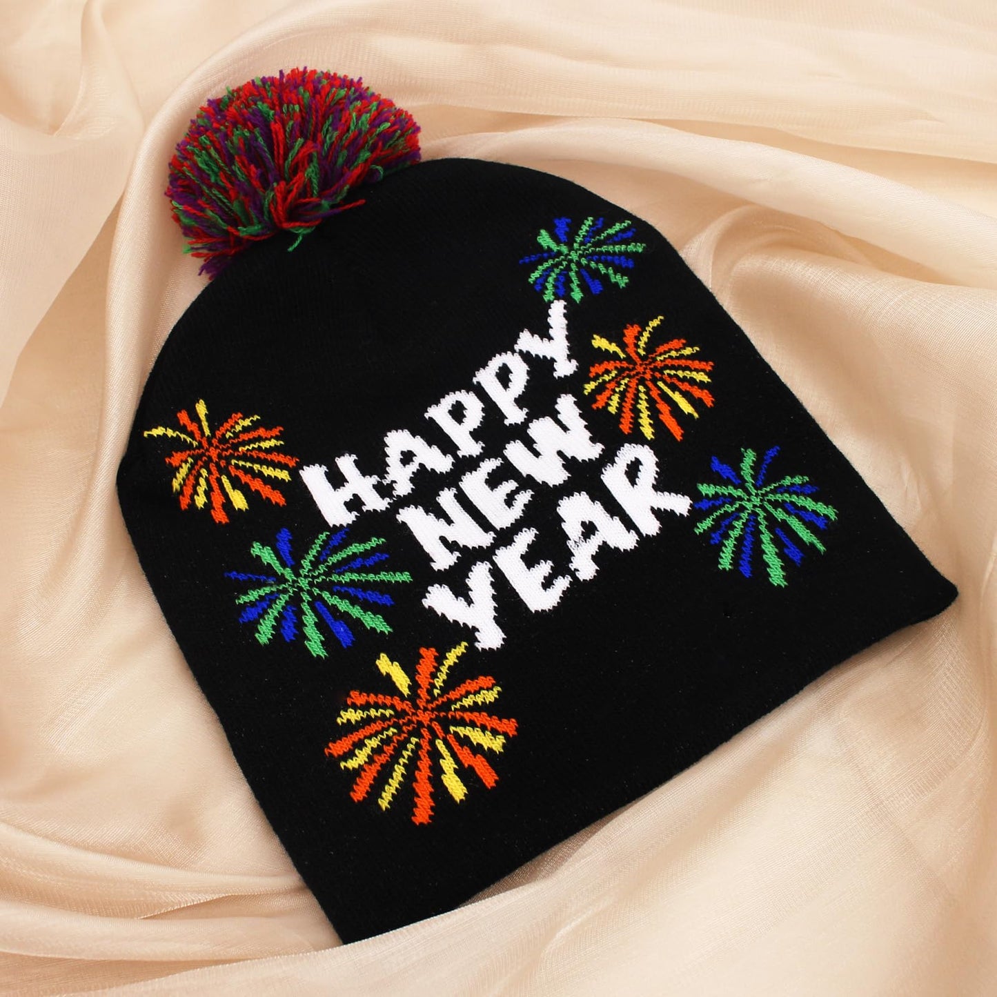 Enrwin Women and Men Autumn and Winter Happy New Year Knitted Hat Thick Soft Warm Chunky Beanie Crochet Beanie Soft Hat for Christmas (Style1-Black)