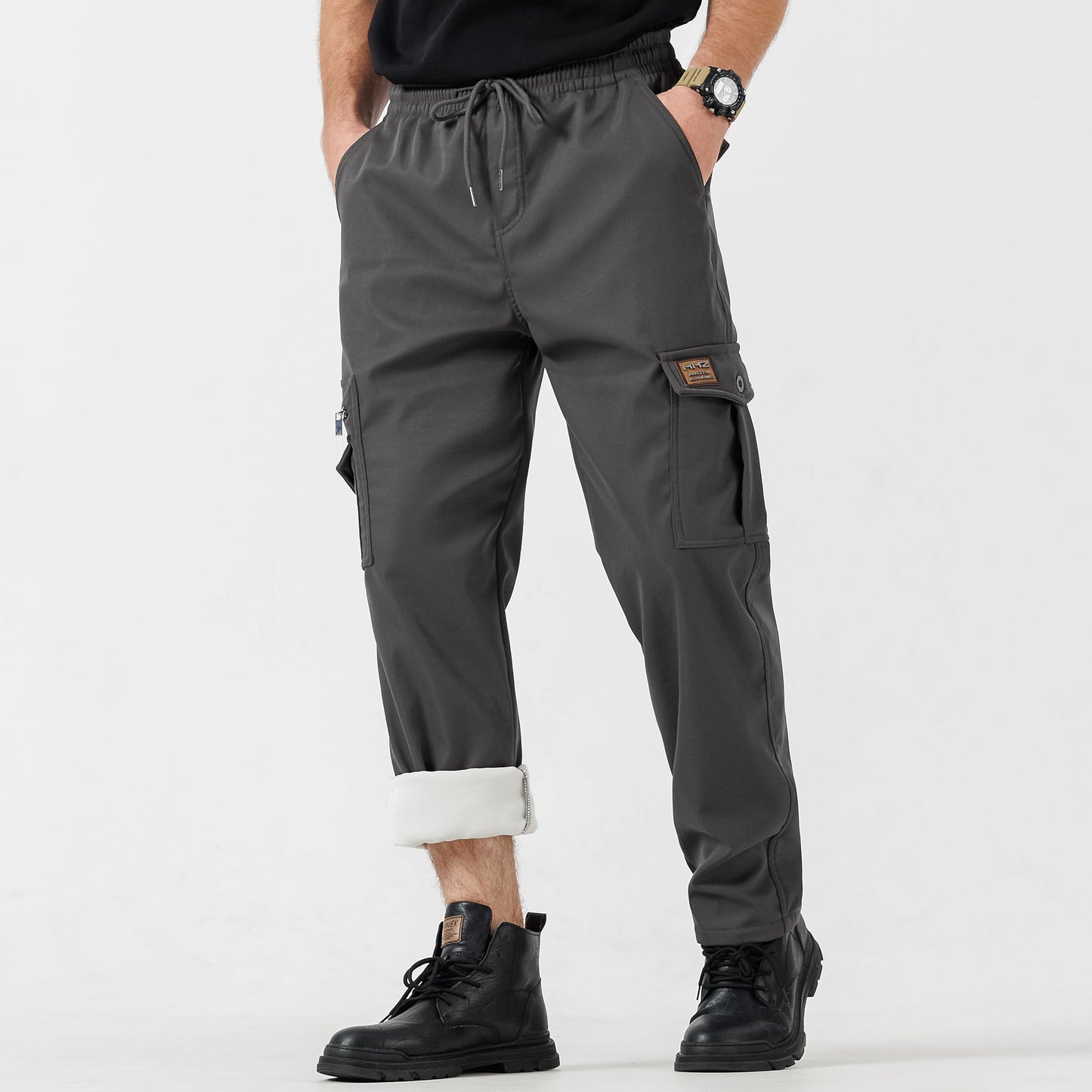 HHZ Men's Winter Fleece Lined Cargo Pant - Drawstring Joggers with Pockets Tactical Pants Pants(Y6005-W-Grey,38)