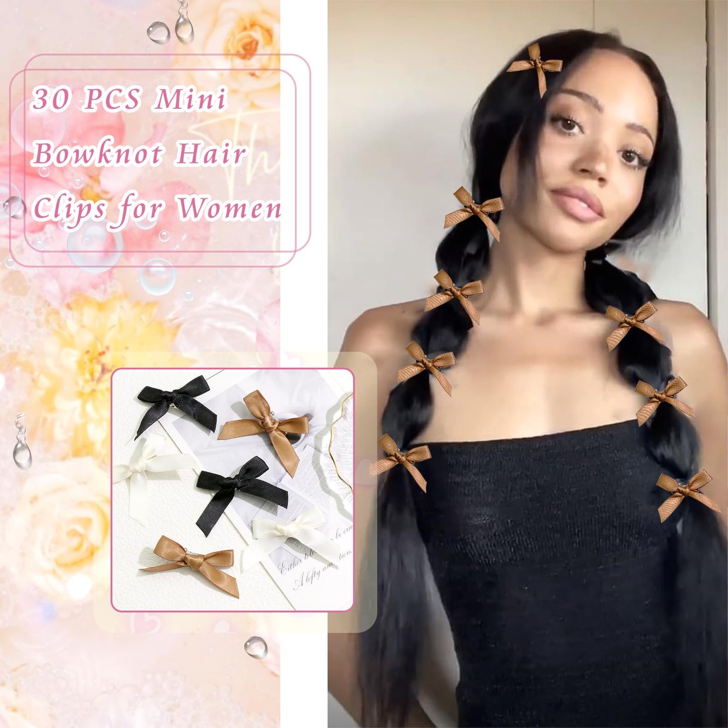 SAWINDA 30PCS Mini Hair Bows Beige Black Brown Small Bows for Hair Silky Satin Bows for Women Cute Hair Ribbon Bowknot Barrettes Sweet Alligator Hair Bow Clips Accessories for Teens and Girls