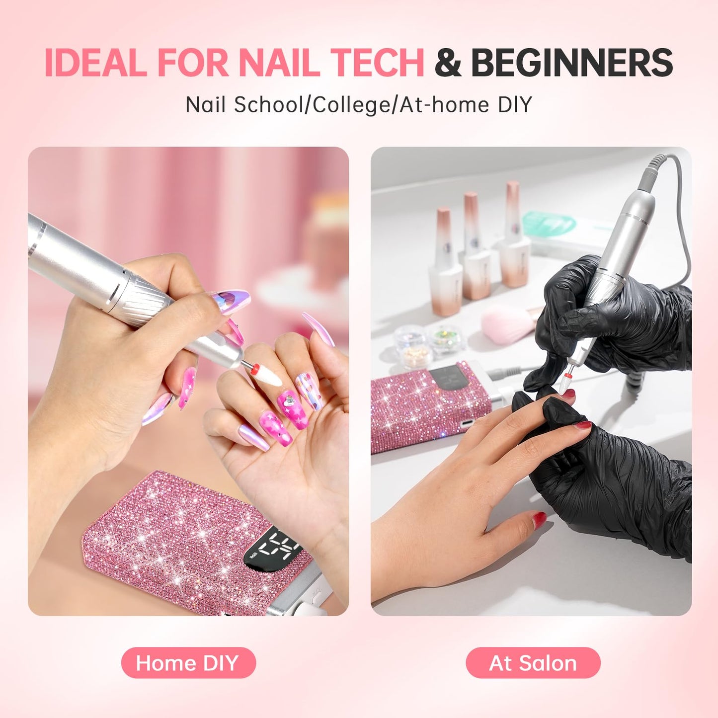 CHRISTINE SHELLY Rechargeable 35000RPM Nail Drill Sparkling Portable Professional Electric Nail File for Acrylic/Gel Nails Professional Nail Tools for Manicure Pedicure, Pink