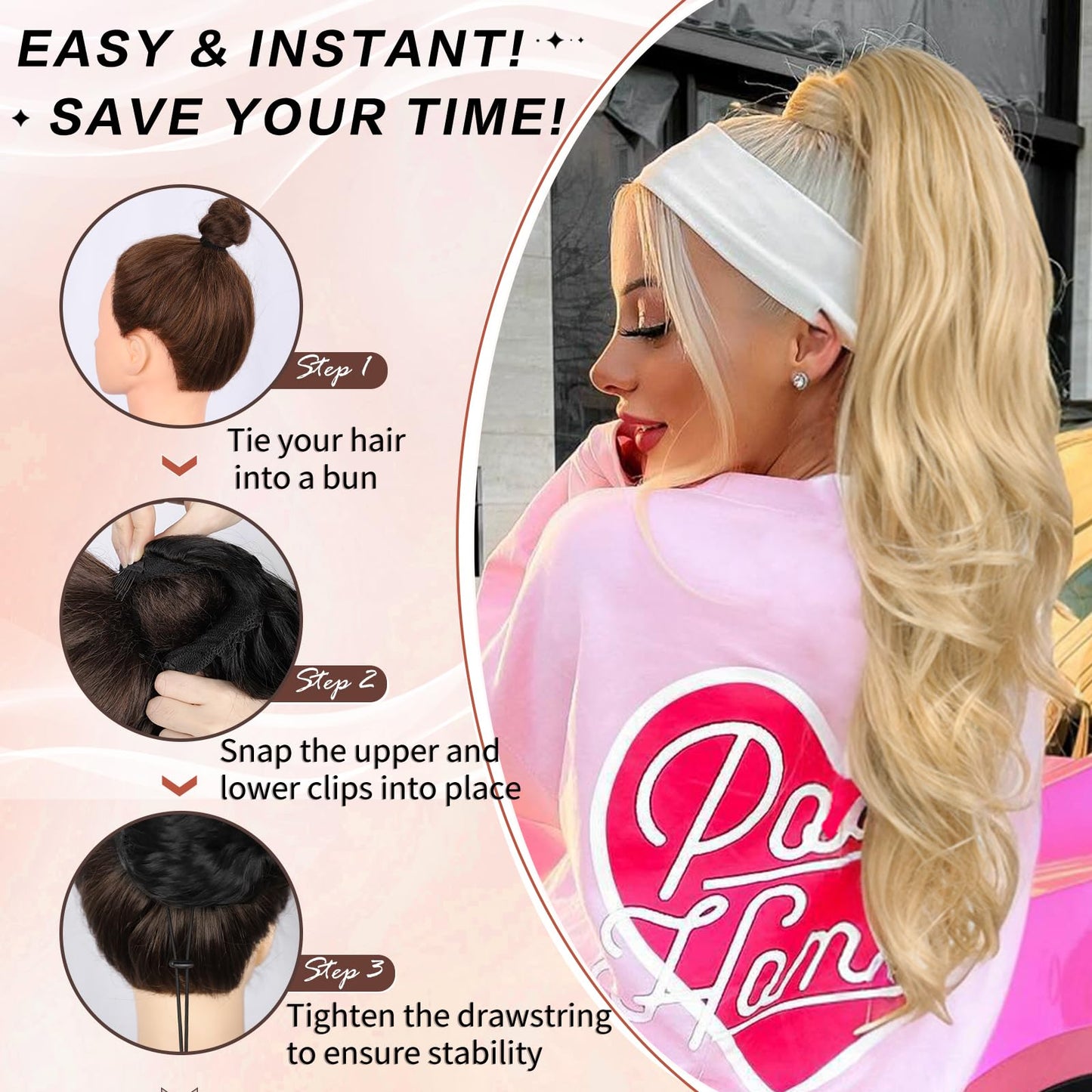 CHRSHN Blonde Ponytail Extension, 26 Inch Drawstring Ponytail Extension for Women Long Blonde Wavy Layered Pony Tails Hair Extensions Synthetic Clip in Ponytail Hairpiece for Women(27/613)