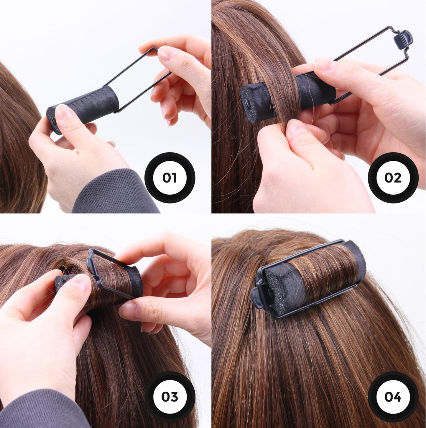 DONNA Silky Satin Foam Rollers 1.25"(D) 6PCS XL Hair Styling Heatless Curlers and Clips for Hairdressing BLACK