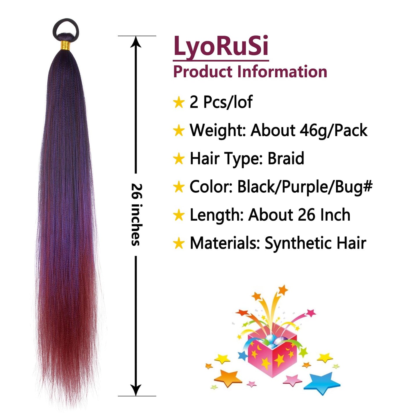 Braided Ponytail Extension with Hair Tie Purple Gradient Straight Wrap Around Hair Braid Extensions Ponytail Natural Soft Synthetic Hair Piece for Women Daily Wear (Black/Purple/Bug#)