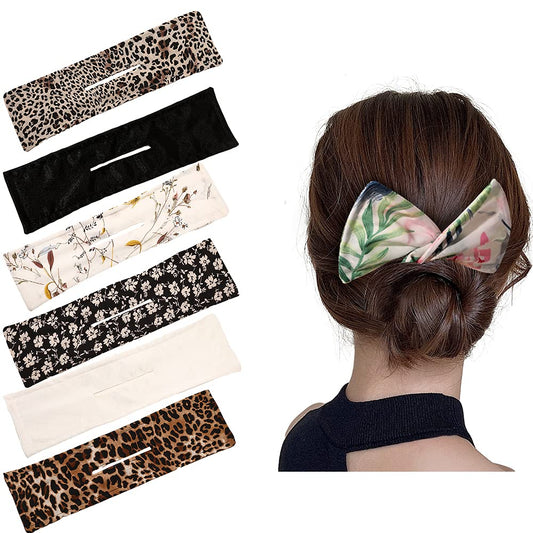 6Pcs French Twist Hair Accessories Set - Magic Donut Bun Makers, Hairstyle Shapers, Cloth Hair Clips, Reusable for Women (Leopard, Floral, Solid D)