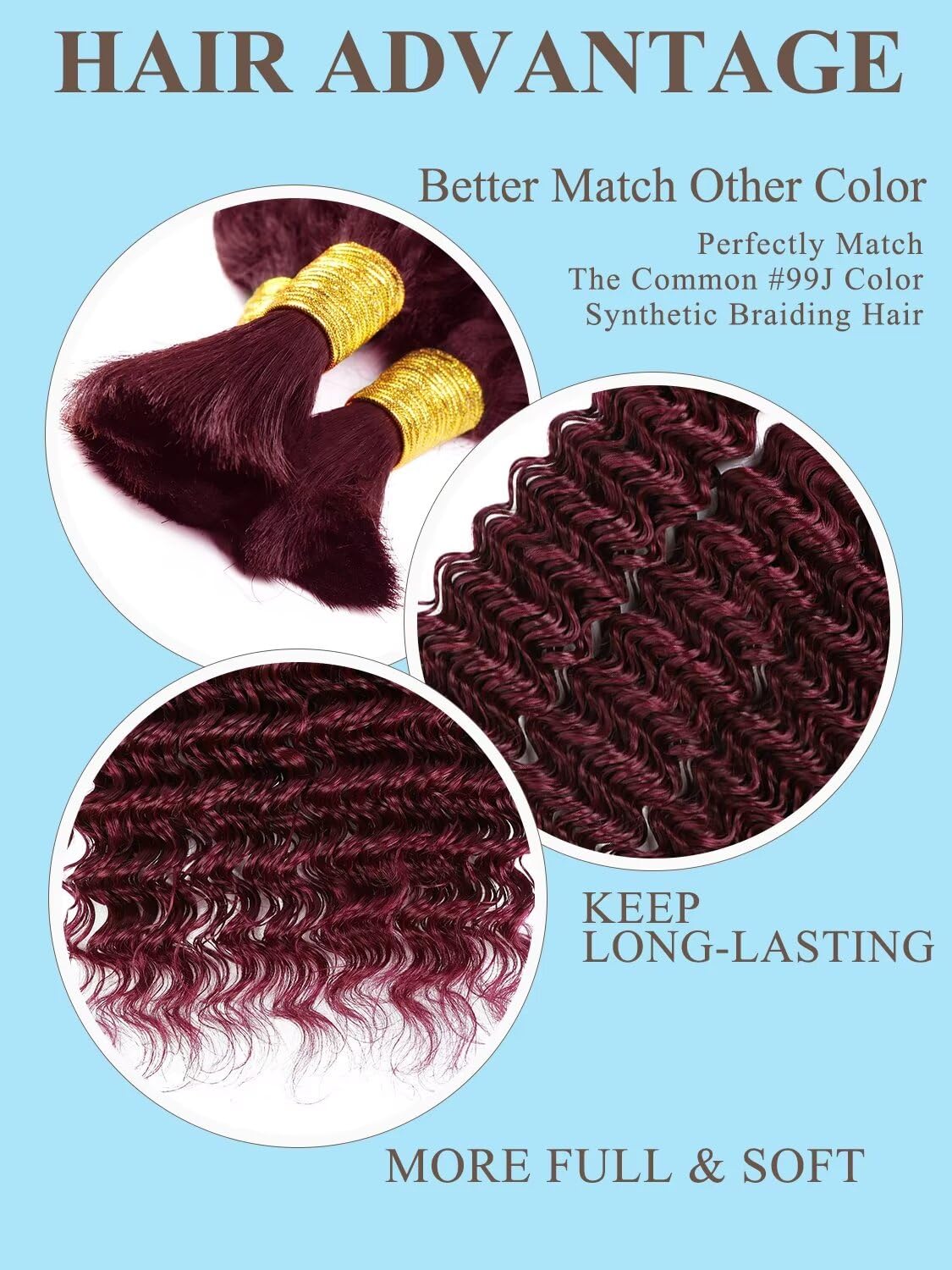 Burgundy Braiding Hair 100g 14 Inch Deep Water Wave 2 Bundle Bulk Human Hair for Braiding 12A Brazilian Virgin Auburn Curly Human Hair Extensions for Boho Braids Wet and Wavy 99J Red Braiding Hair