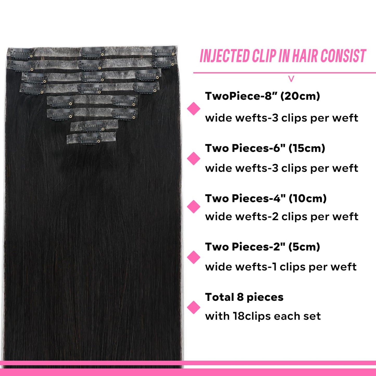 Injected Clip in Hair Extensions Real Human Hair Invisible Hand-Tied Weft Hair Extensions Clip in Human Hair Straight Seamless Clip ins for Women 8Pcs 120g 16inch #1B Natural Black