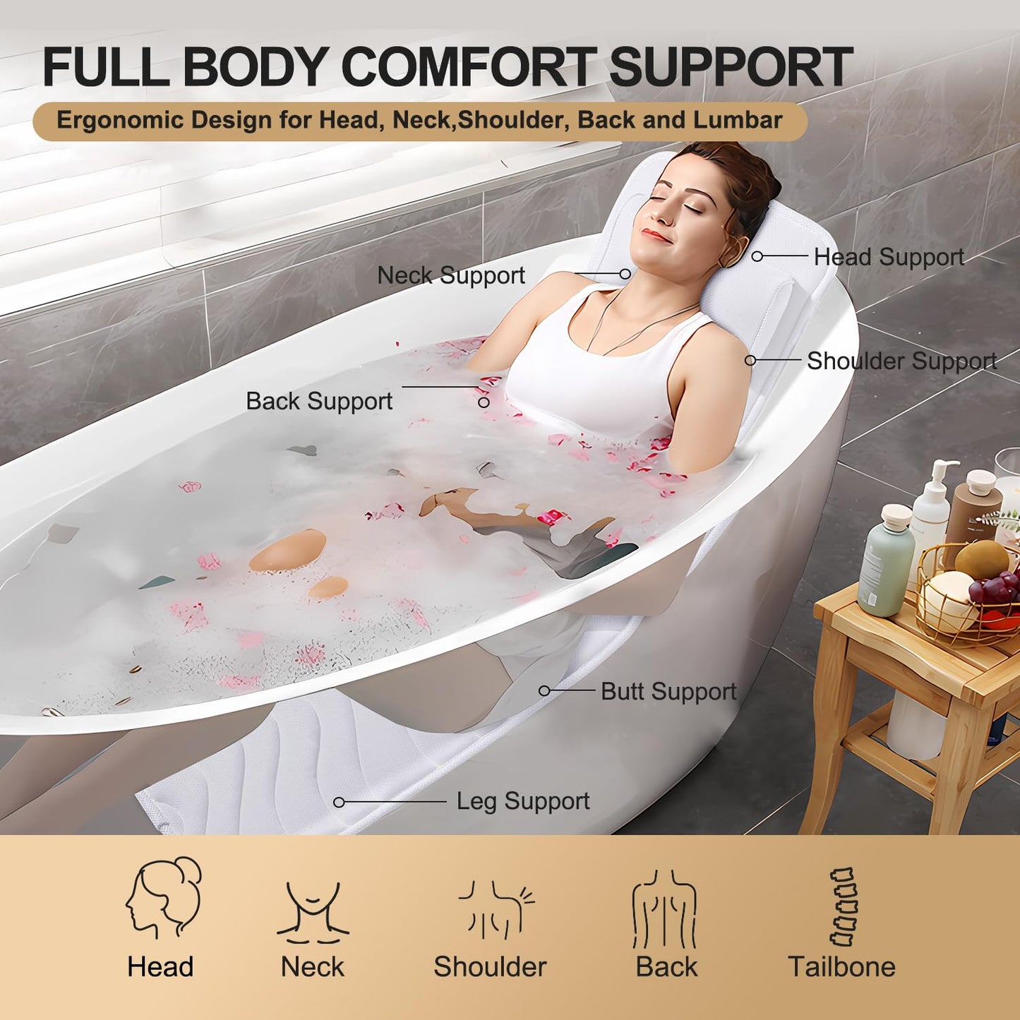Full Body Bath Pillow for Bathtub, Non-Slip Bath Pillows for Tub, Spa Bathtub Pillow Cushion for Headrest Neck Shoulder and Back Rest Support,Relaxation Spa Accessories-50 x 15" (White)