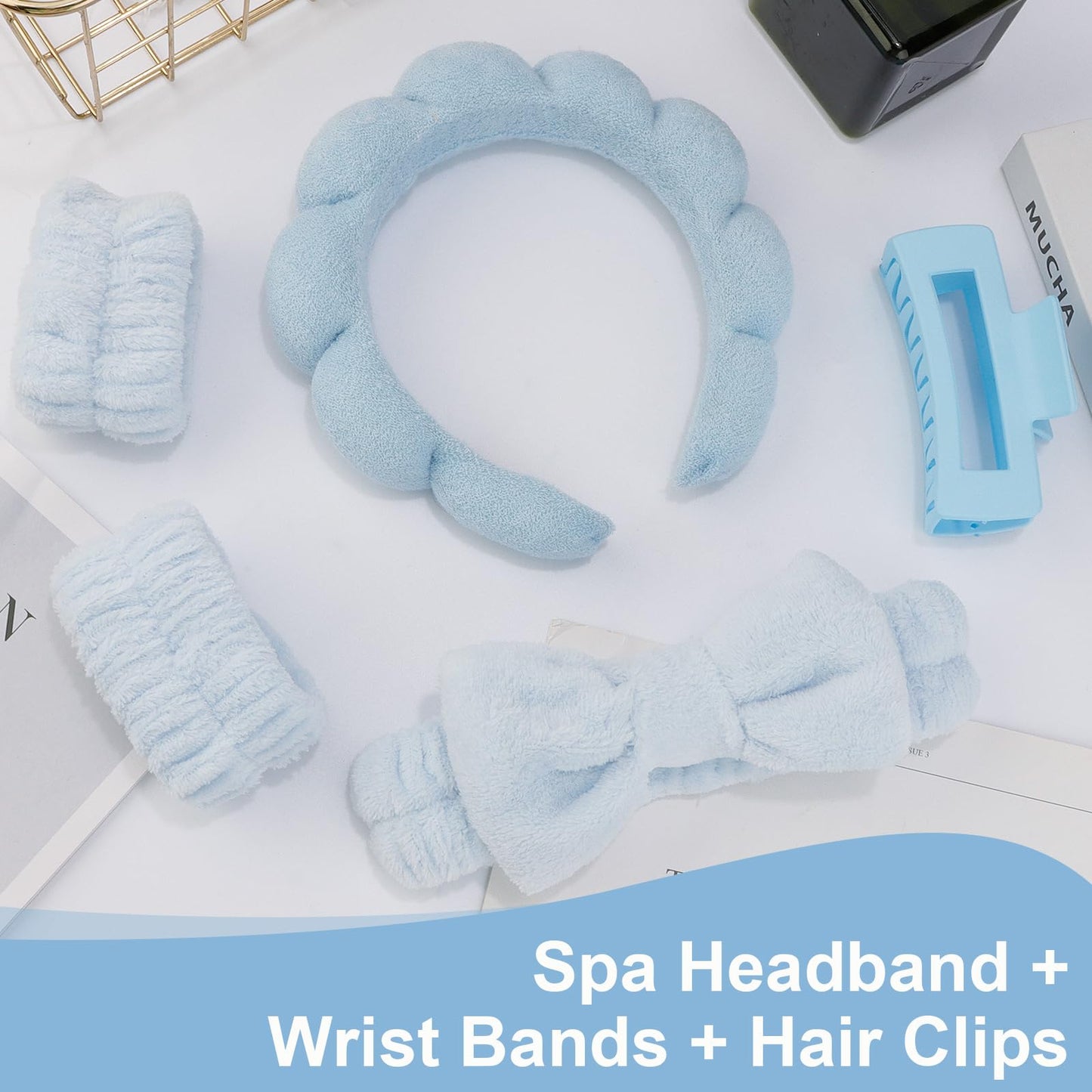 Canitor Spa Headband Wrist Bands Set with Hair Clips Skincare Headband for Washing Face Skin Care Puffy Makeup Headband Preppy Teen Girl Gifts Cute Trendy Stuff Hair Accessories for Women (blue)