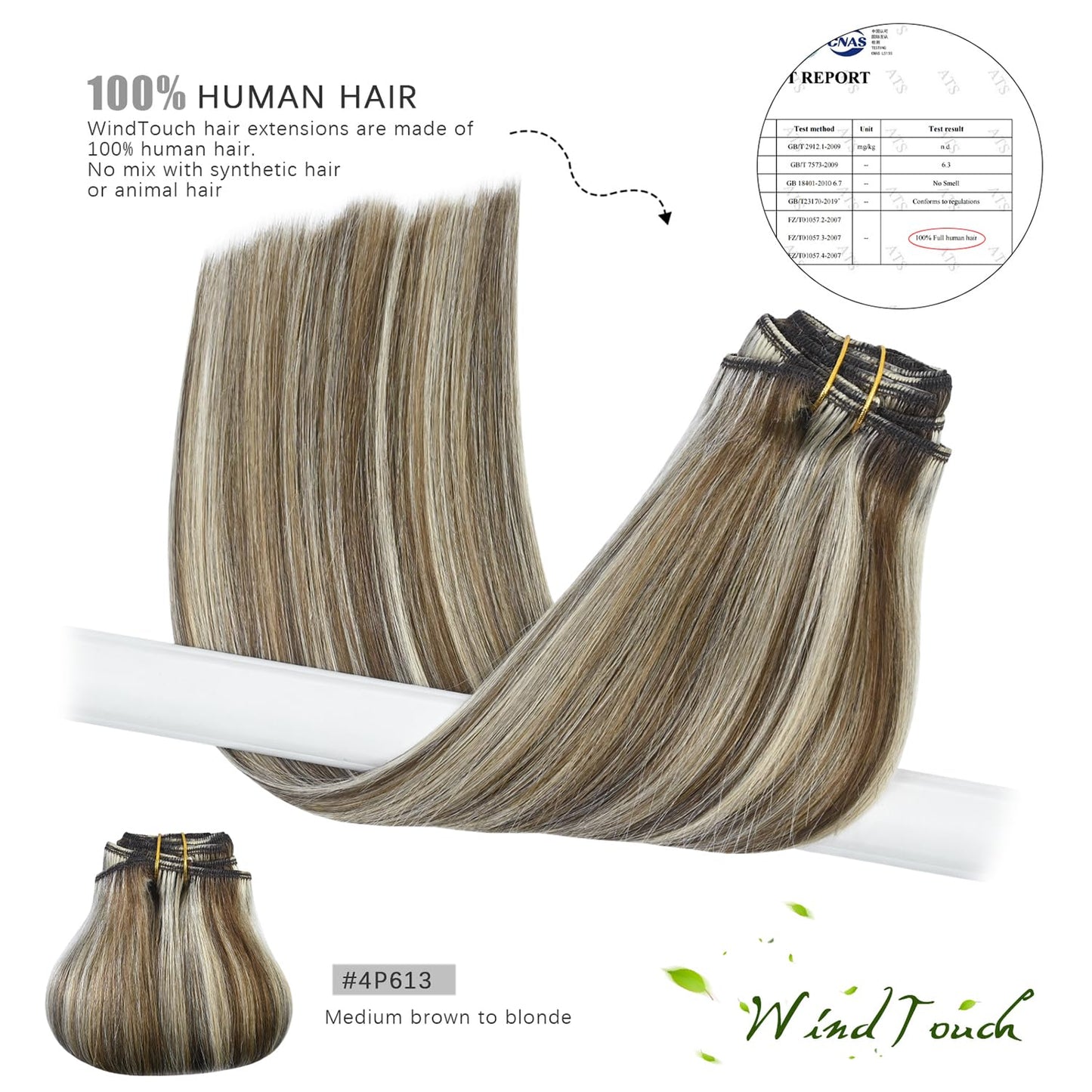 WindTouch Clip in Hair Extensions Remy Human Hair 12 Inch 75g 7PCS #4P613 Clip in Hair Extensions Medium Brown to Blonde Highlights