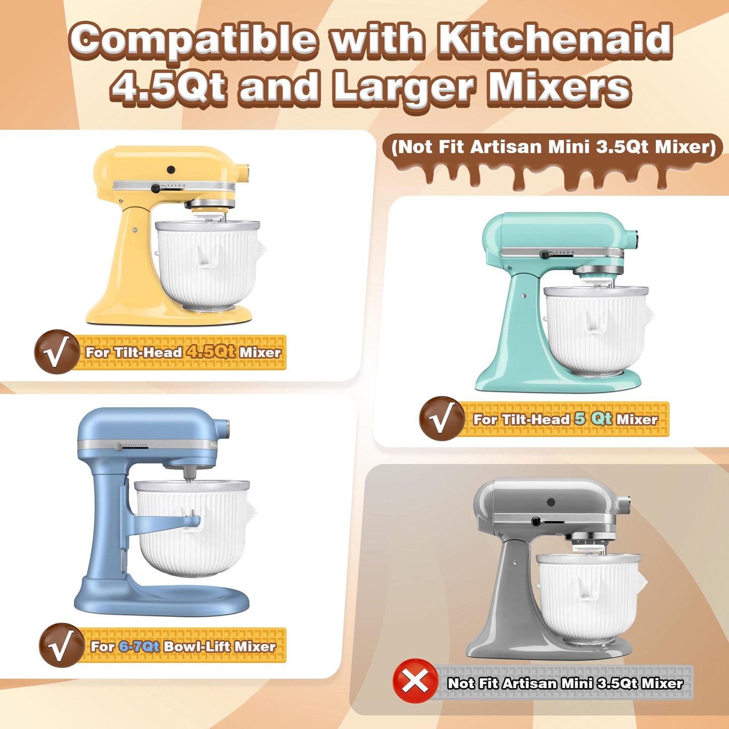 Ice Cream Maker Attachment for KitchenAid Stand Mixer, Compatible with KitchenAid 4.5/5QT/6QT accessories and attachments, 2 Quart for kitchenaid mixer attachments Frozen Yogurt/Gelato Maker