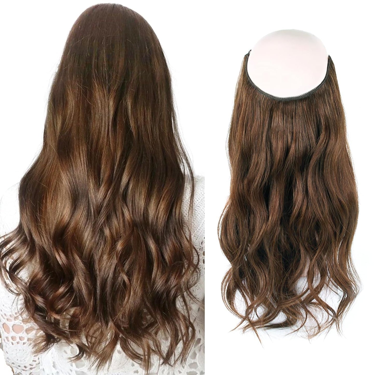 Sassina Invisible Wire Hair Extensions Real Human Hair with Transparent Wire Adjustable Size Secure Clips Natural Straight Secret Miracle Hairpiece, #4 Medium Brown 70 Gram 12 Inch