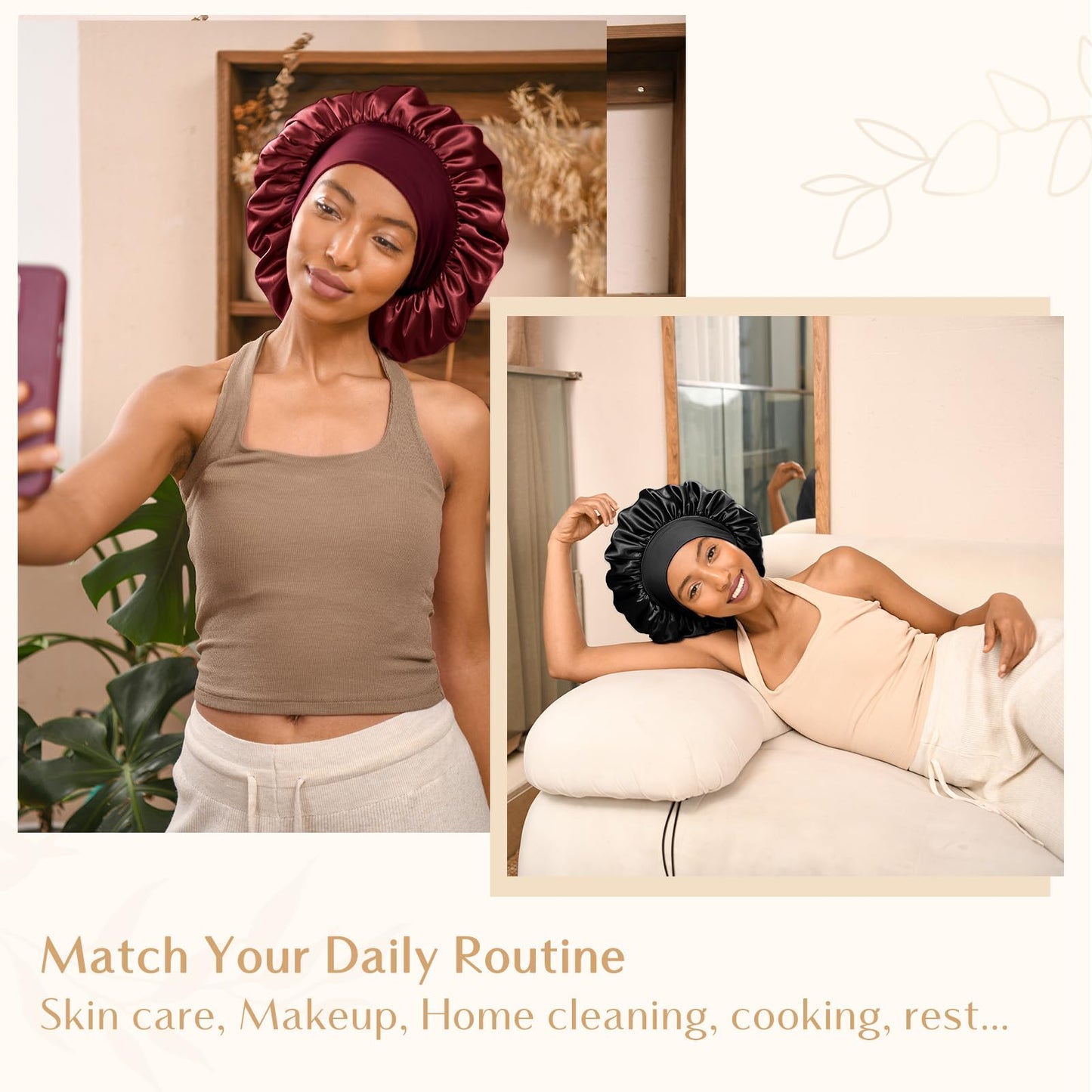 YANIBEST Satin Bonnet for Sleeping Women Double Layer Hair Silk Bonnets for Sleeping with Elastic Band Burgundy