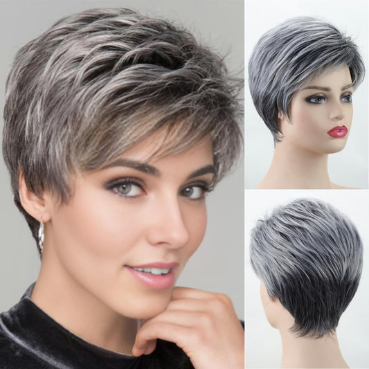 RENERSHOW Grey Pixie Short Wigs for Wome Layered Mix Gray Synthetic Wig Salt Pepper Wig Natural Hair Replacement Wig