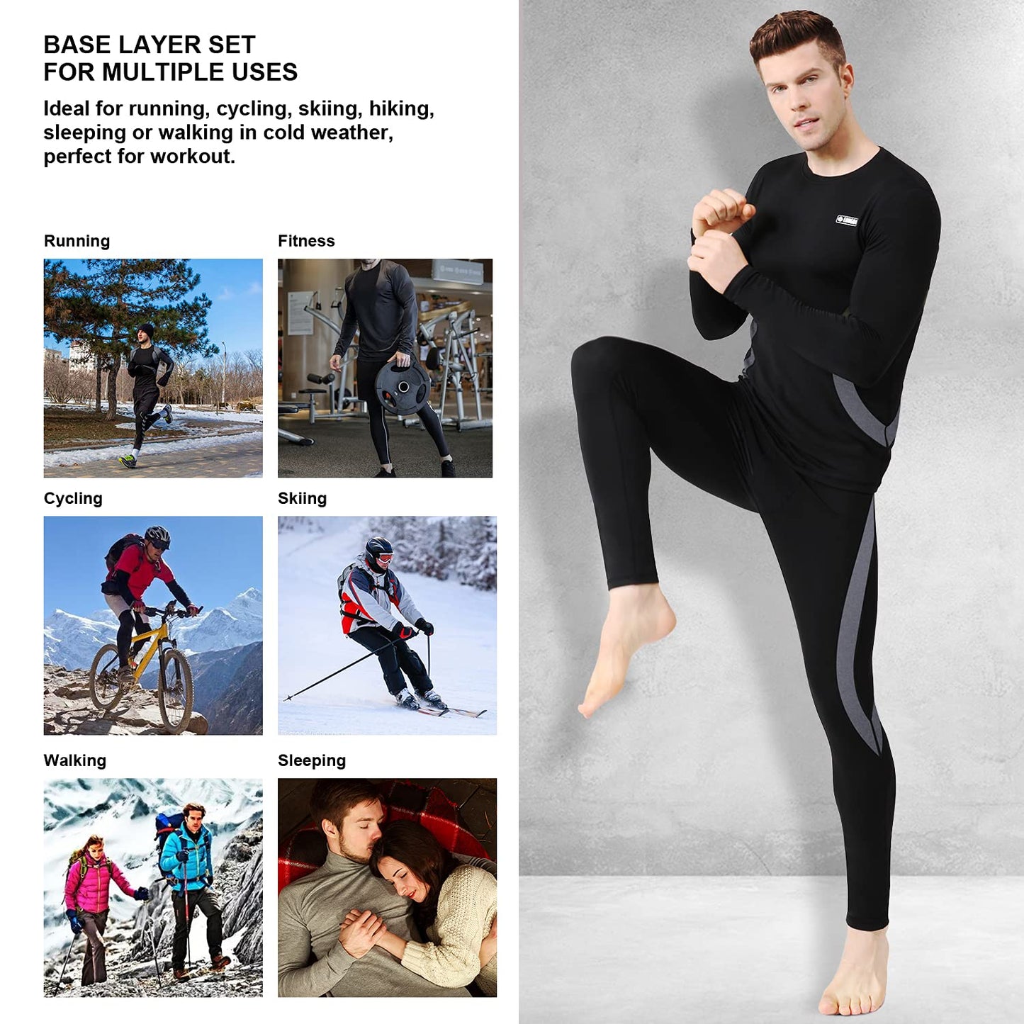 EONGOA Men's Thermal Underwear Set Long Johns Set with Fleece Lined Skiing Winter Warm Base Layers for Cold Weather A-black