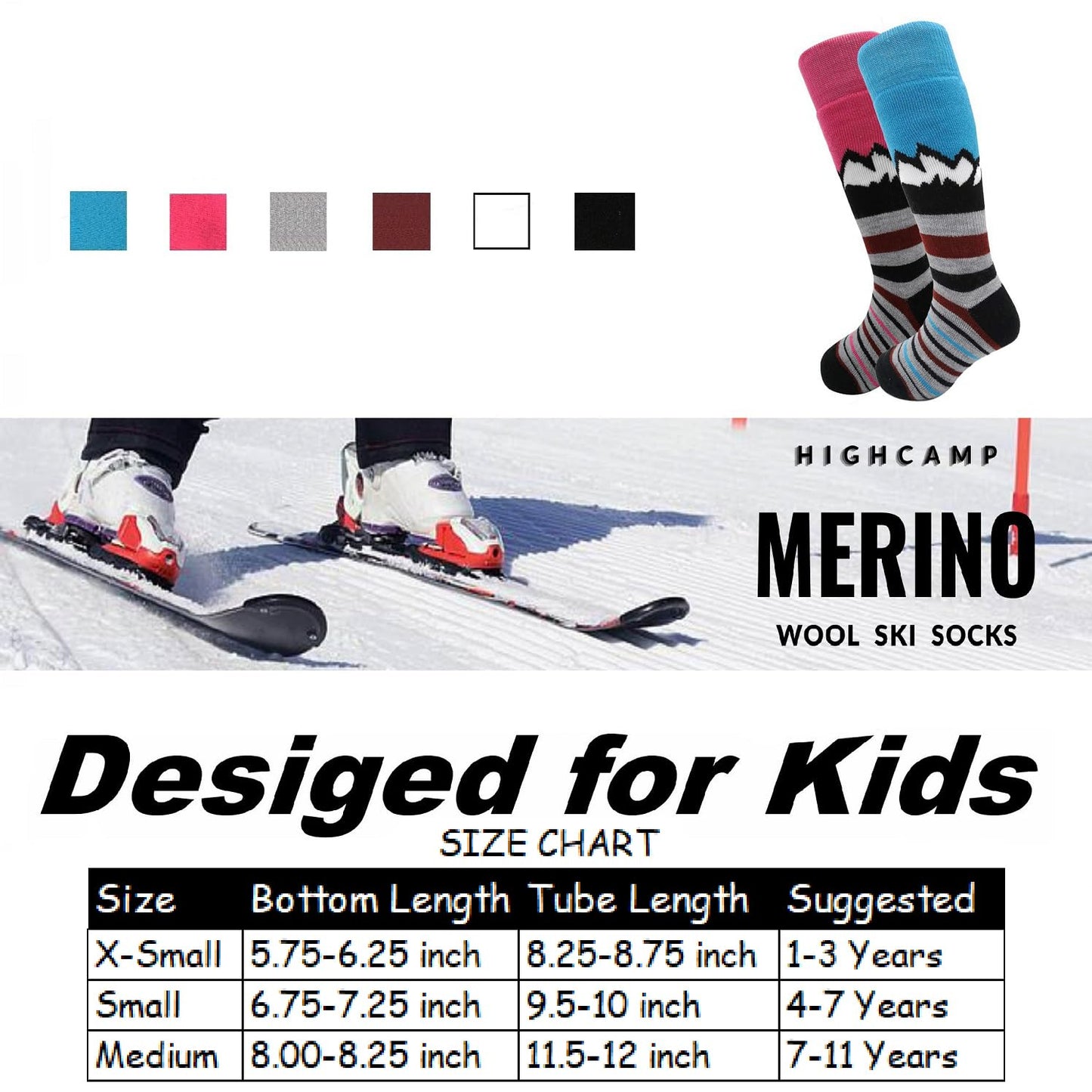 HIGHCAMP 2 Pairs Toddlers Merino Wool Winter Snow Socks Over-The-Calf Kids Boy Girl Ski Snowboard Sock,Unicorn XS
