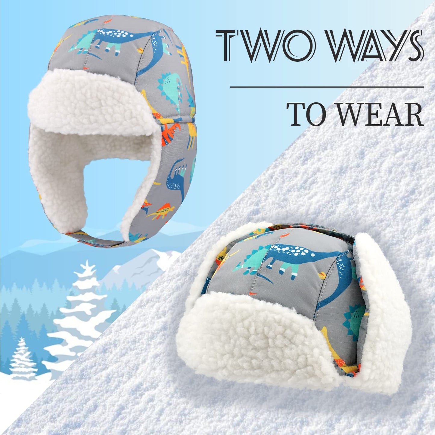 Winter Trapper Hat for Boys Girls Waterproof Warm Baby Toddler Ushanka Fleece Beanie Hats for 6M-6T (Orange Grey Dinosaur, 4-6T)