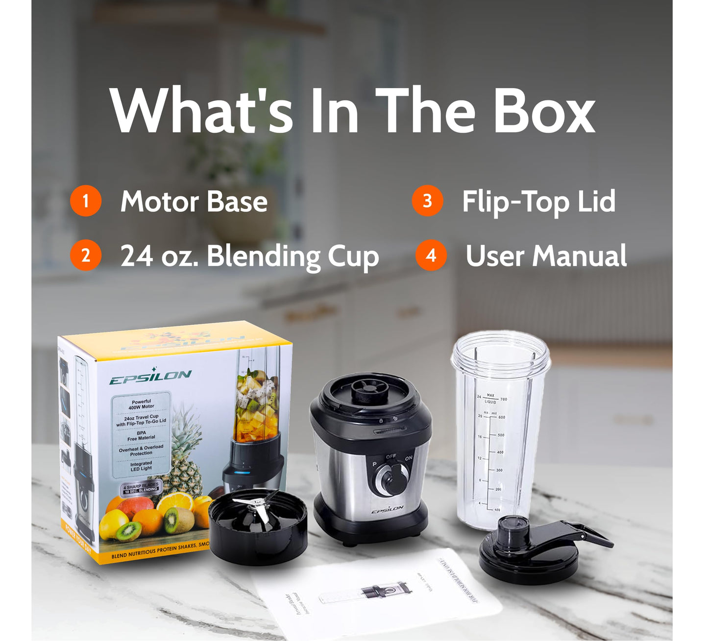 Epsilon Portable blender for Shakes and Smoothies – 400W Personal Blender with 24oz Portable Bottle, Electric Personal Blender Bottle with 4-Blade Assembly, Travel-Friendly and BPA-Free