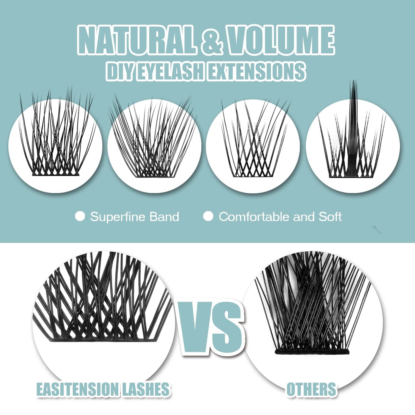 DIY Eyelash Extension, 3D Effect Glue Bonded Band Individual Lash 48 Clusters Volume Lashes Set, Home Eyelash Extension, C curl Lashes Pack 10MM-Volume-48 Clusters